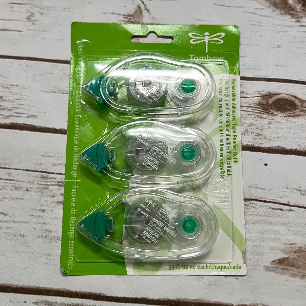 NIB Tombow MONO Removable Adhesive Tape Runner Refill 3 Pack Clear 1/3in x 39ft